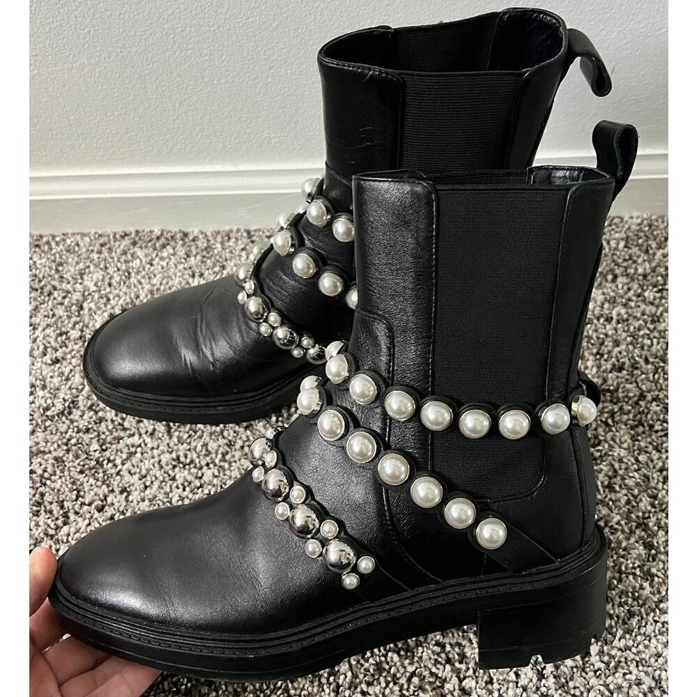 Zara Pearl strap leather heeled ankle boot women's size 37/6
